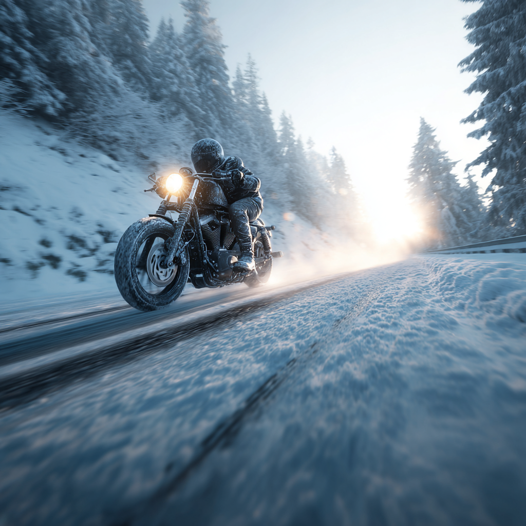 motocyklista jedzie zimą